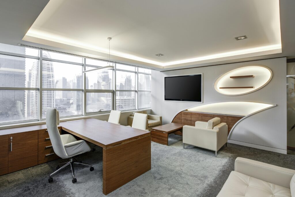 A slick high rise office building. This is to go with an article discussing eco-friendly swaps your business can make to support a sustainable officw.
