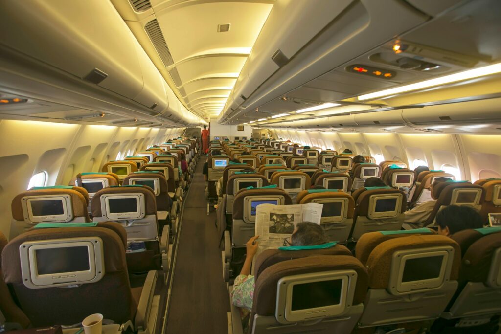 Inside an aeroplane. This is to go with an article discussing five essential health checks before flying.