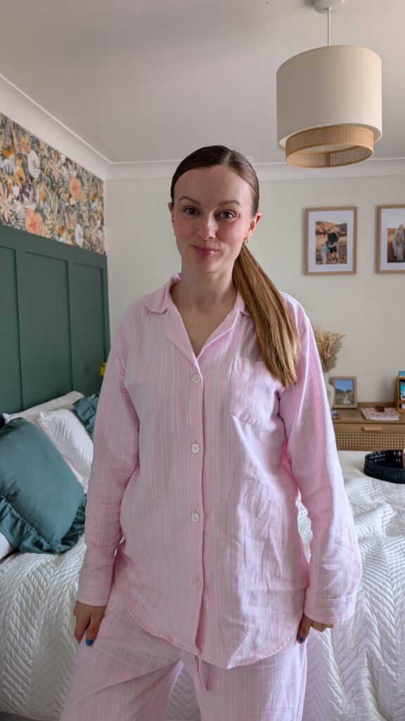 Claire Mac wearing pink striped pyjamas from British Boxers.