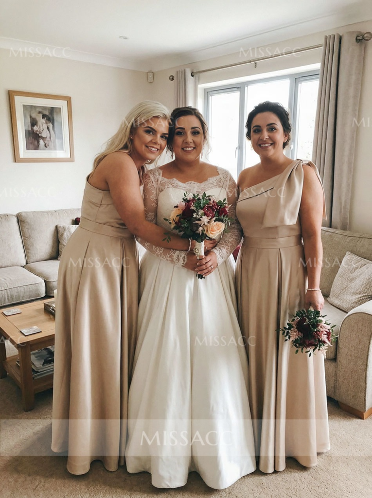 A bride standing with two bridesmaids.