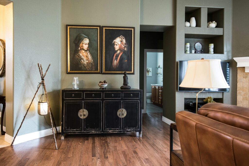 Vintage inspired home decor pieces within a living room.