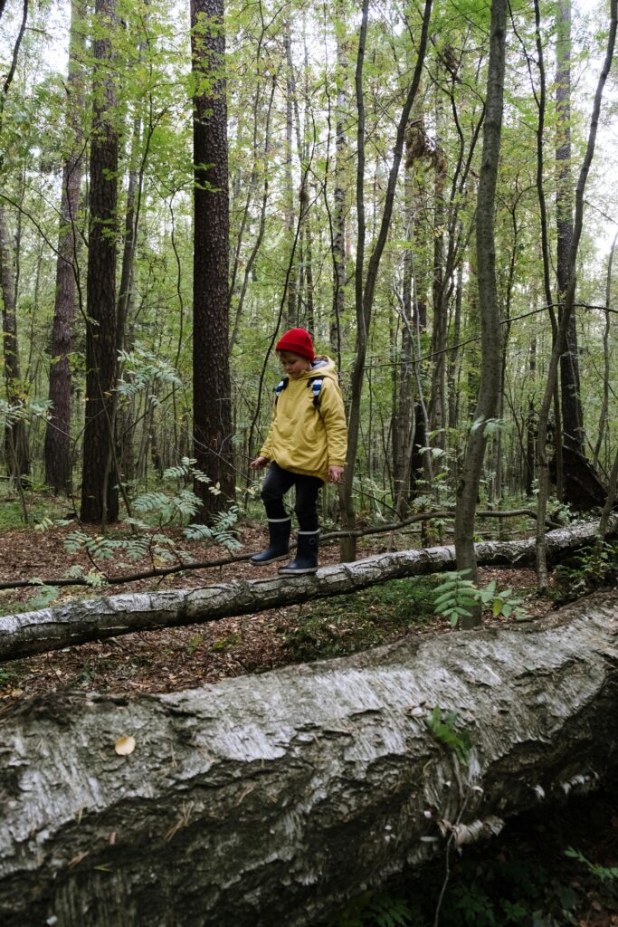 Boy walking along a fallen tree.