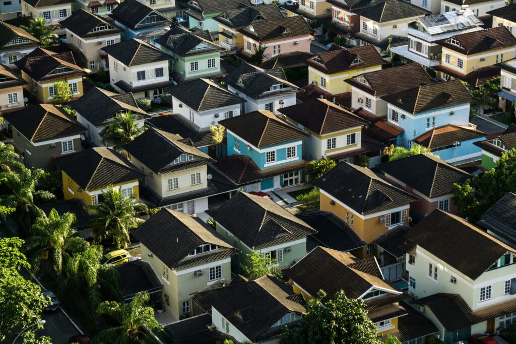 Aerial view of a suburban Birmingham neighbourhood with rows of houses