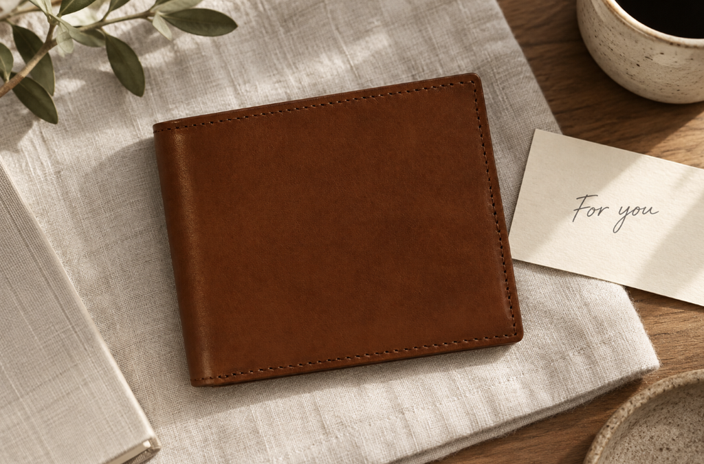 Lunburg’s Horizontal Leather Wallet in an illustrative gift setting.